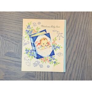 Welcome Baby Dear, Cute Baby in a Crib, Vintage Used Greeting Card, Floral